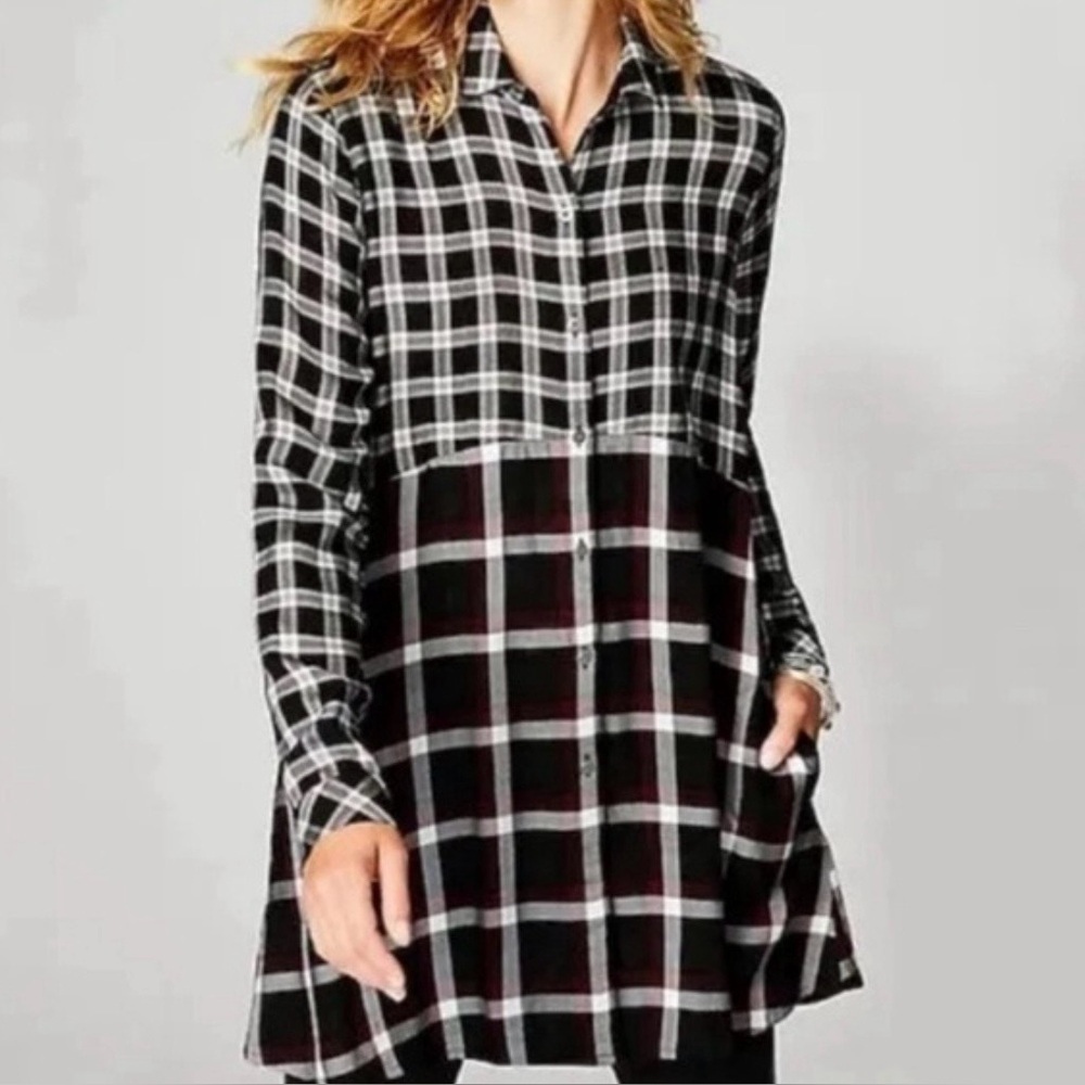 J. Jill | Women’s Black/White/Red Mixed Plaid Long Sleeve Tunic Swing Top Sz MP